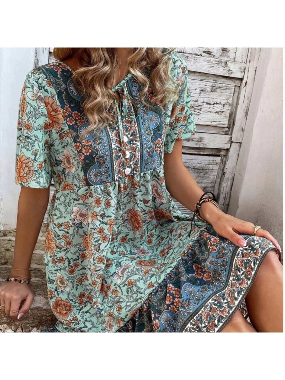 Boho Floral Print Smock Dress - Picture 3 of 5